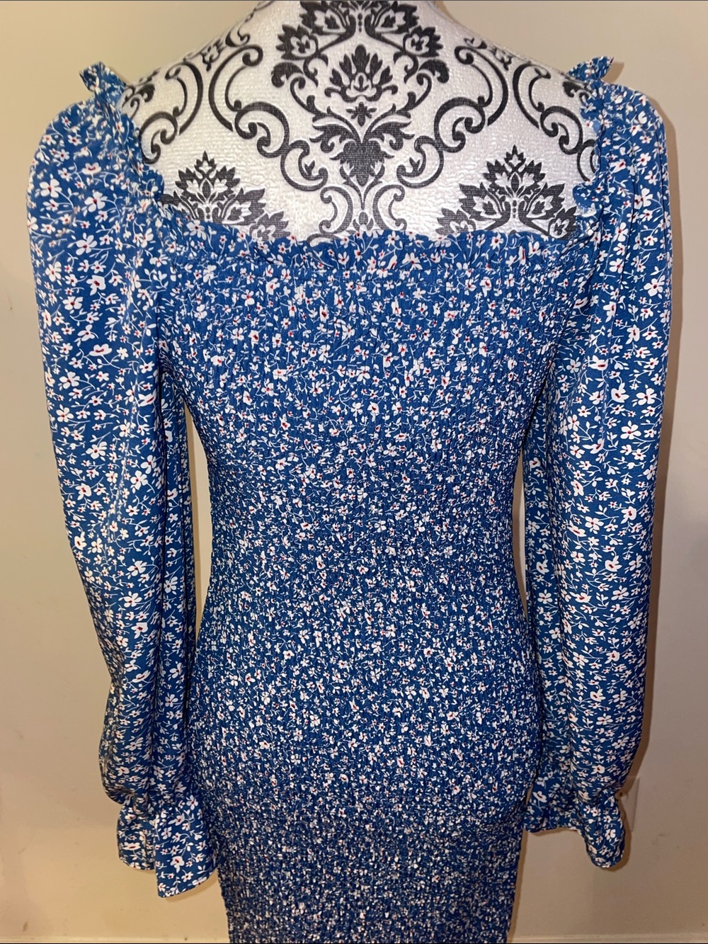PrettyGarden Blue Floral Smocked Maxi Mermaid Dress with Long Sleeves Size Large - Picture 9 of 16